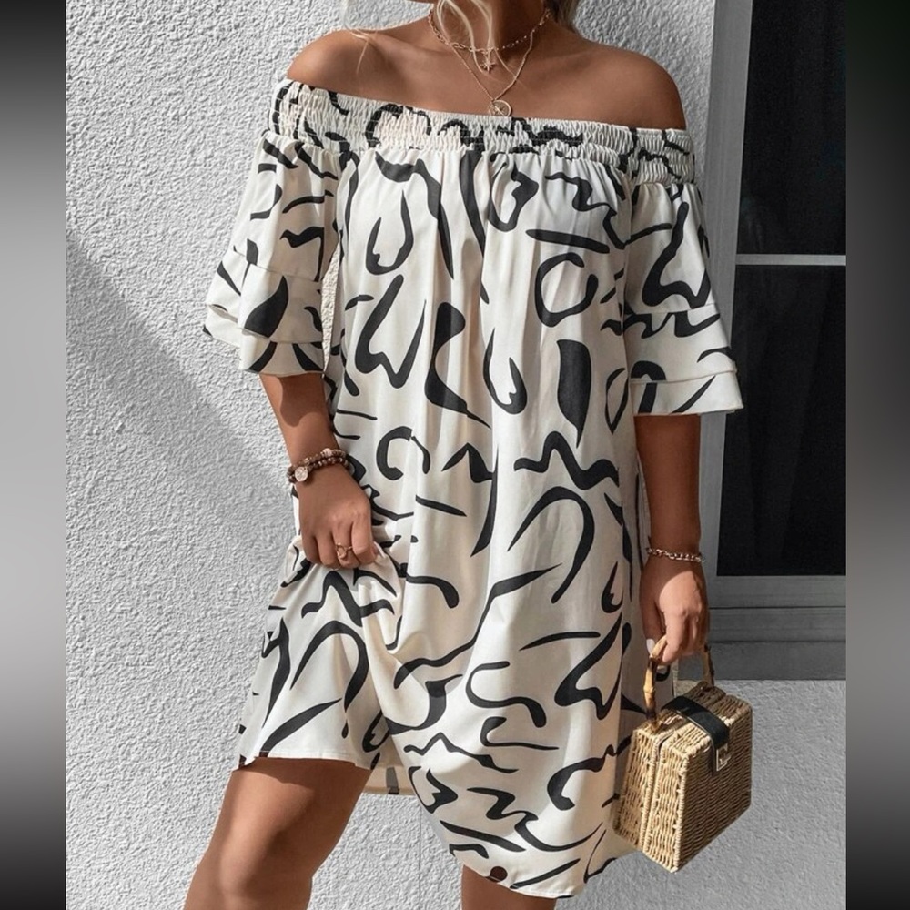 Boho plus size off shoulder flounce sleeve dress - Picture 5 of 12